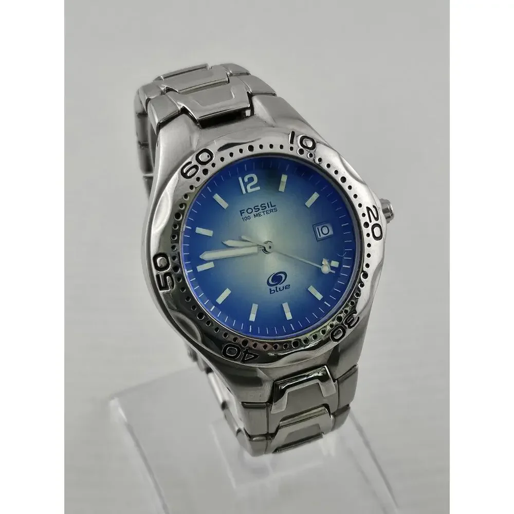Mens Fossil Blue AM-3457 Water Resistant 100m Date IndicatorNew Battery Runs